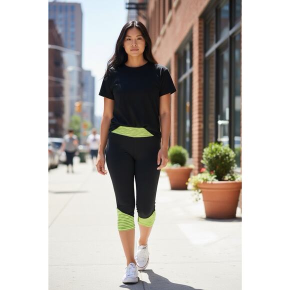 Xersion Fitted Crop Athletic Leggings Sz Large Black Neon Activewear Capri Pants - Picture 1 of 6